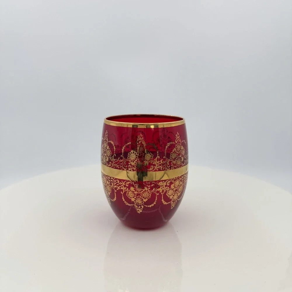 Vintage Murano Tre Fuochi Ruby Red Gold Mini Tumbler Juice Glass 3